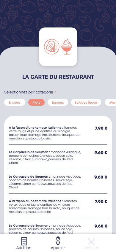 application Serv'eat détail d'une catégorie de la carte 